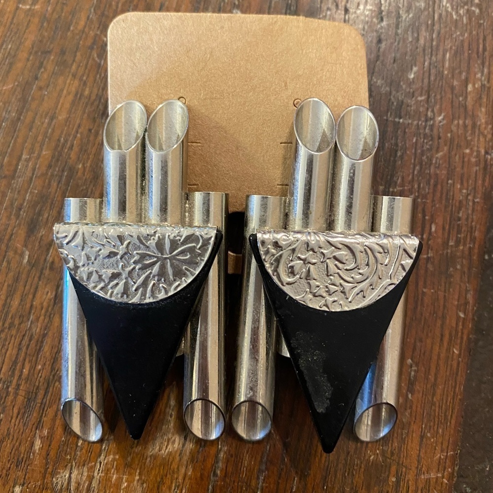 VTG Modernist Tubular Panpipe Statement Earrings Mixed Media Black Silver